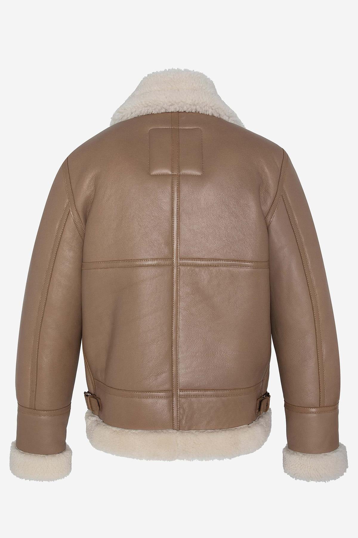 Beige sheepskin leather bomber - Image n°5