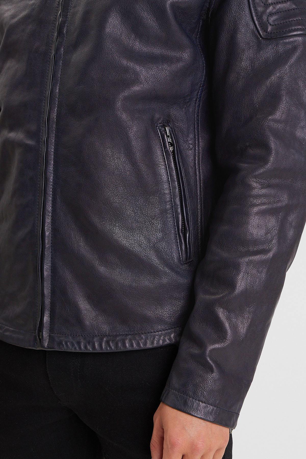 Navy lambskin biker jacket, slim fit, matte details, for all seasons. - Image n°6