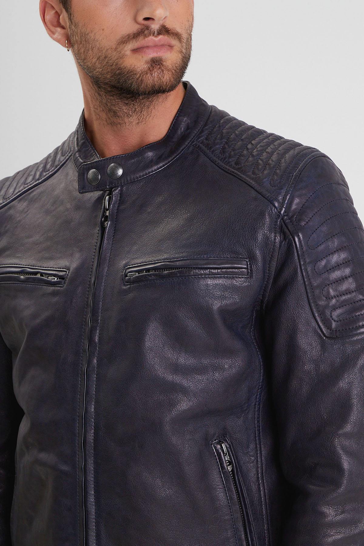 Navy lambskin biker jacket, slim fit, matte details, for all seasons. - Image n°3