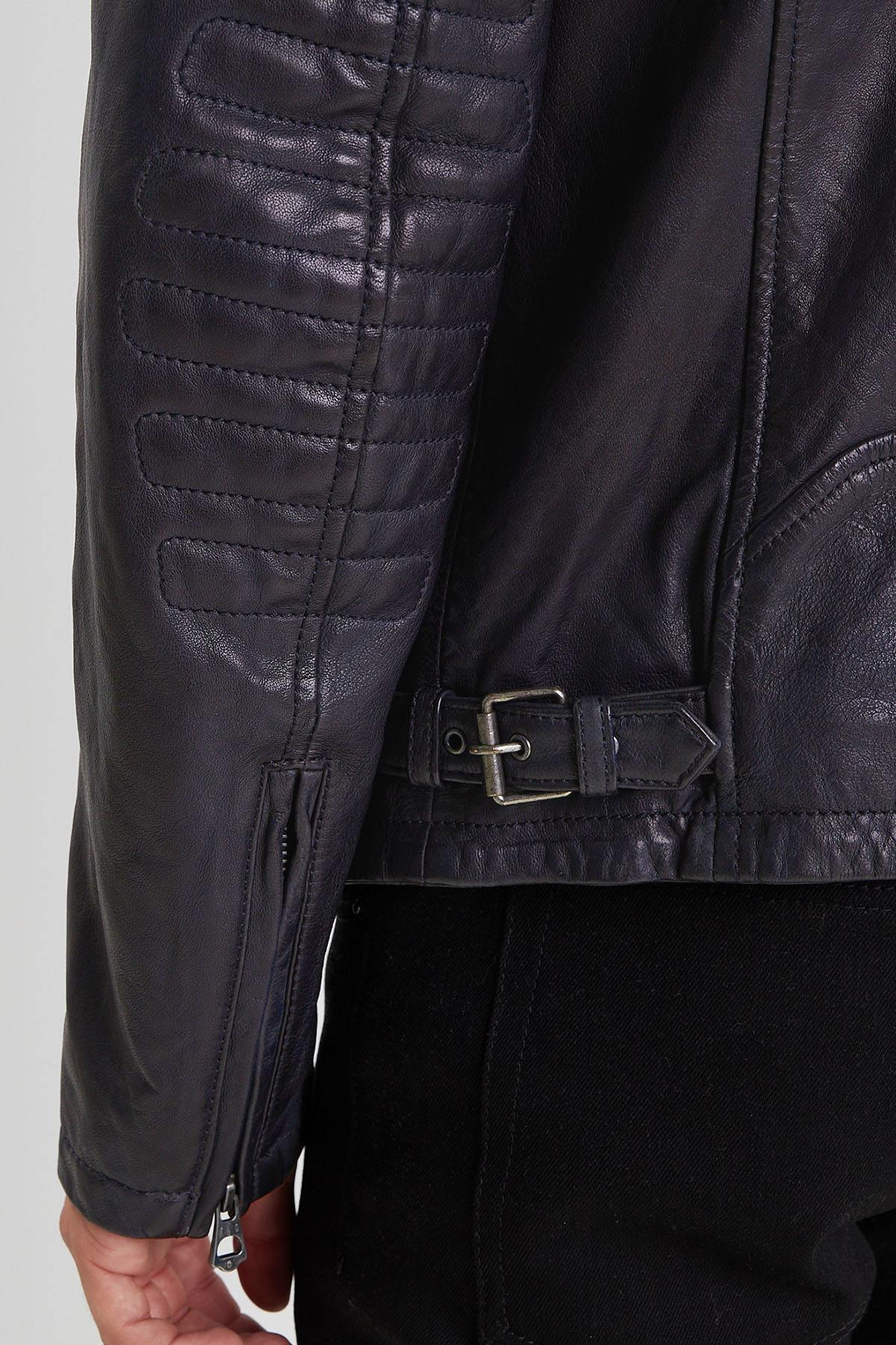 Navy lambskin biker jacket, slim fit, matte details, for all seasons. - Image n°5
