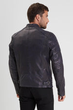 Navy lambskin biker jacket, slim fit, matte details, for all seasons. - Image n°2