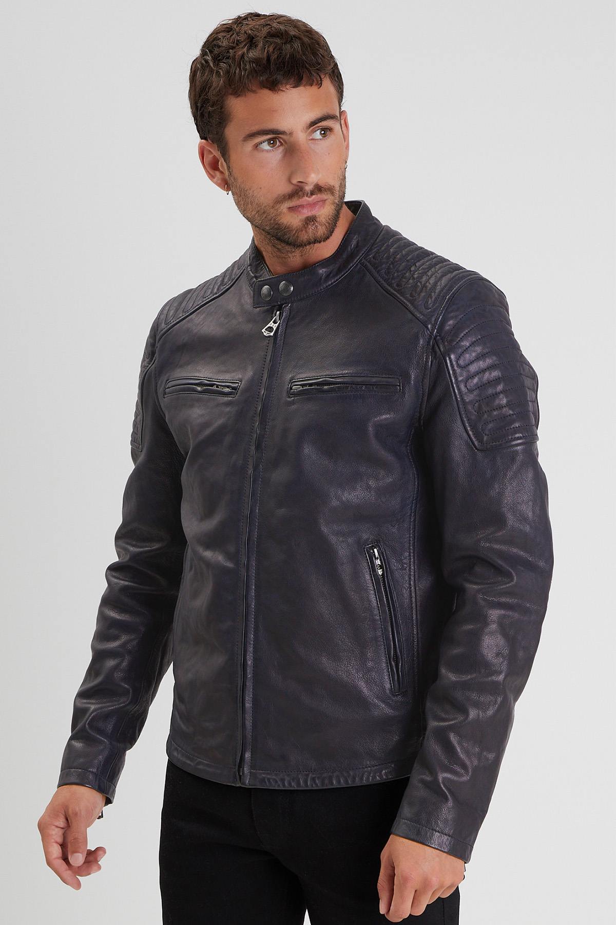 Navy lambskin biker jacket, slim fit, matte details, for all seasons. - Image n°1