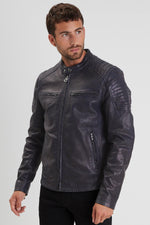 Navy lambskin biker jacket, slim fit, matte details, for all seasons. - Image n°1