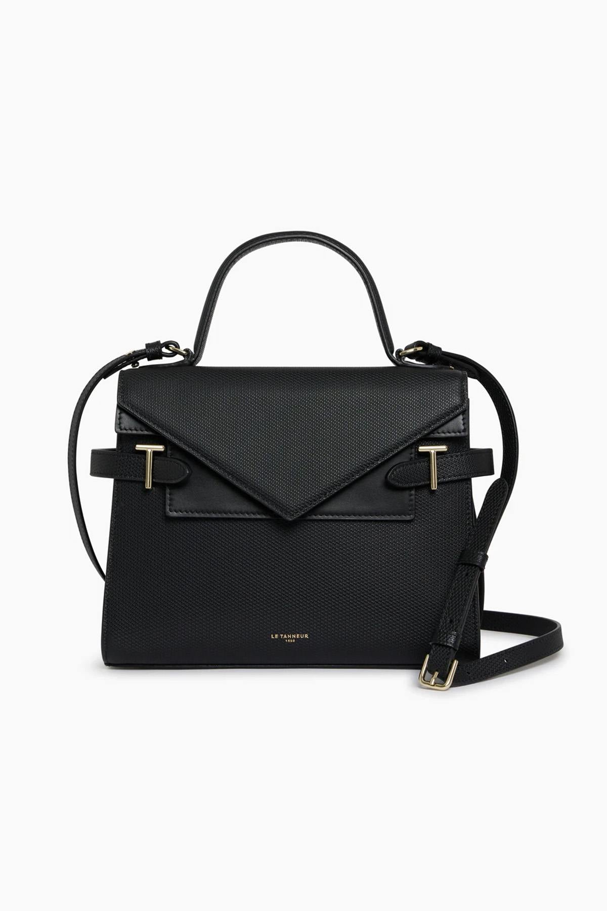 Emilie double flap handbag in black leather - Image n°1