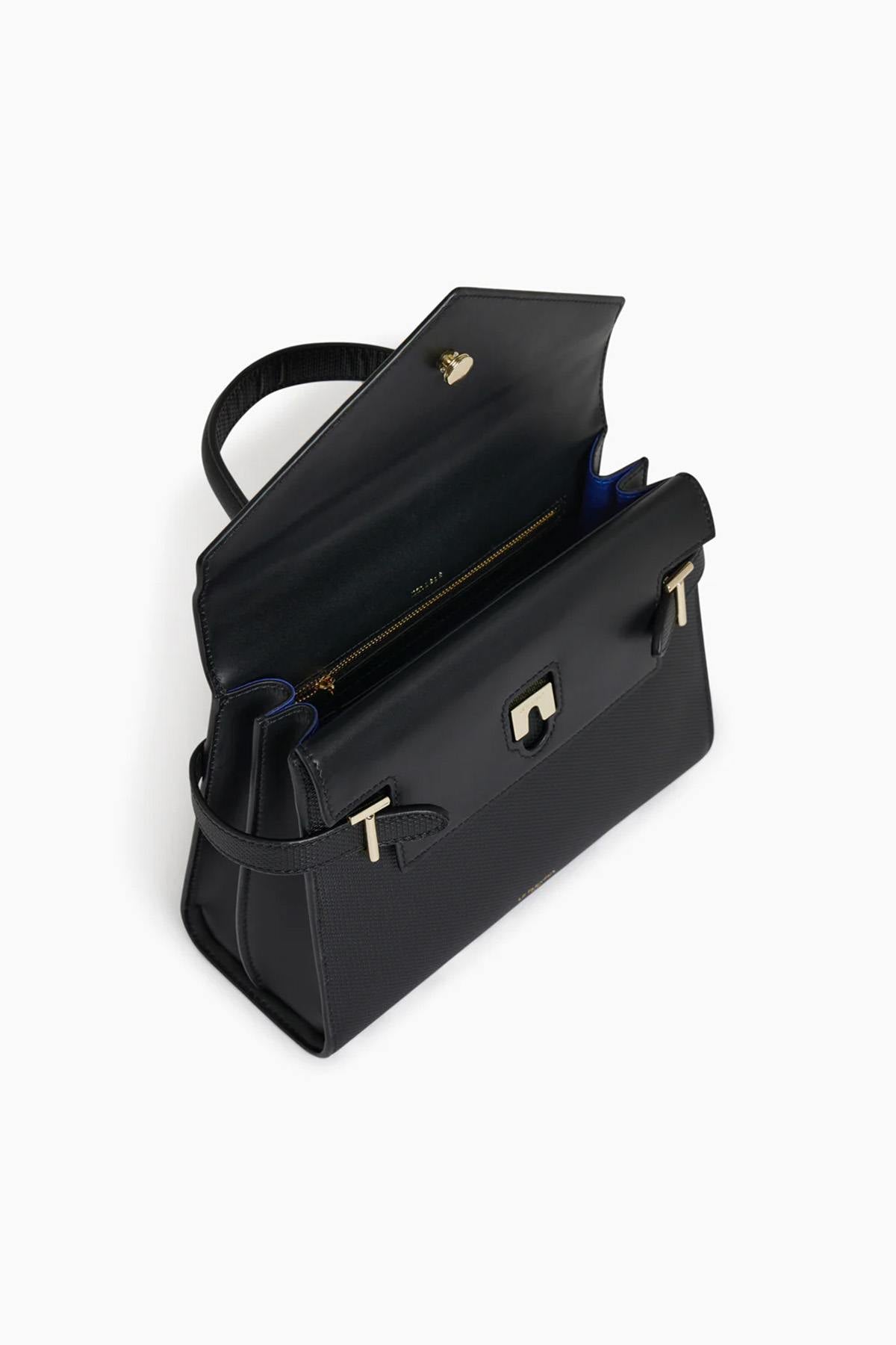 Emilie double flap handbag in black leather - Image n°7