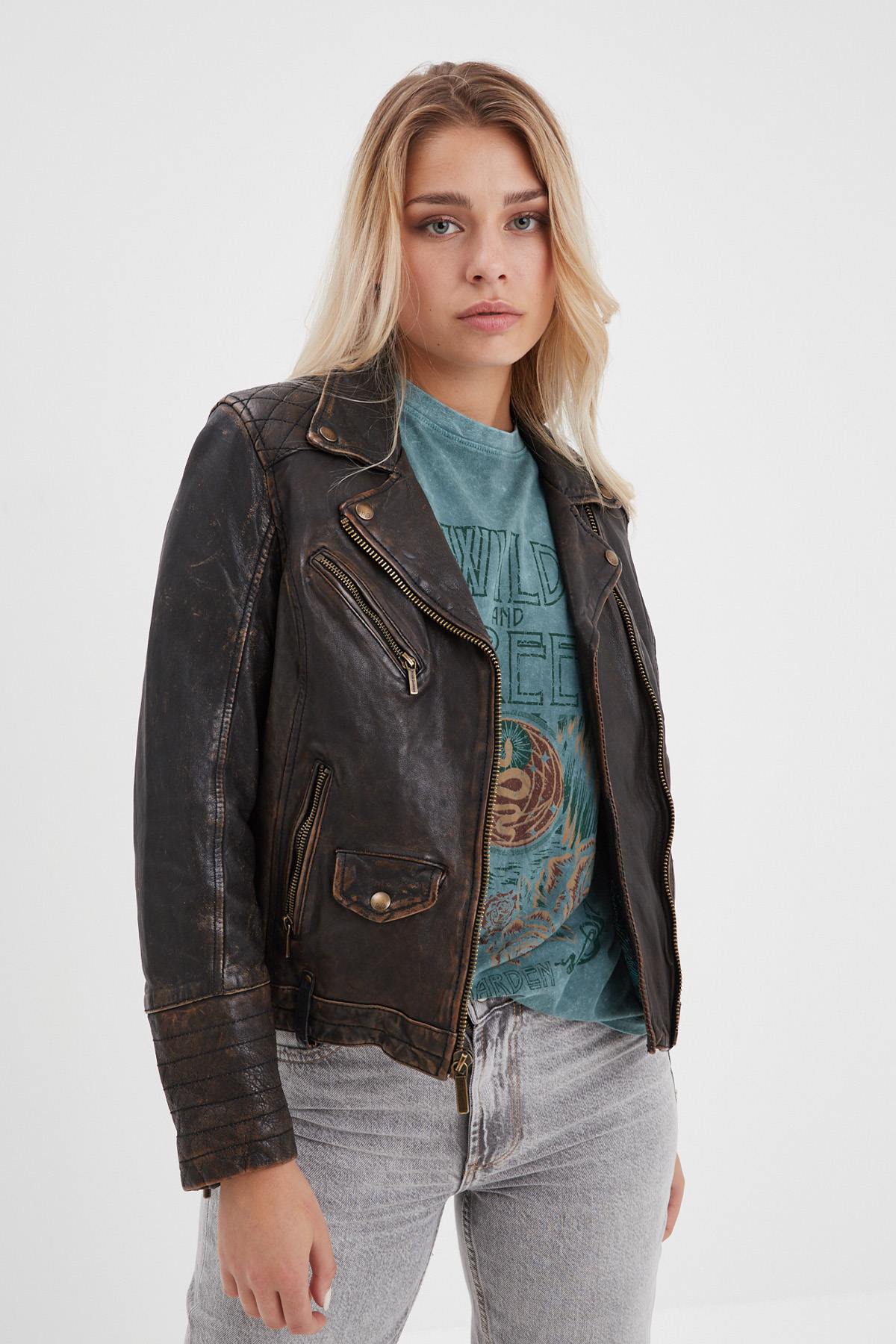 Rock-chic sheep leather jacket. finish, black and beige. - Image n°2