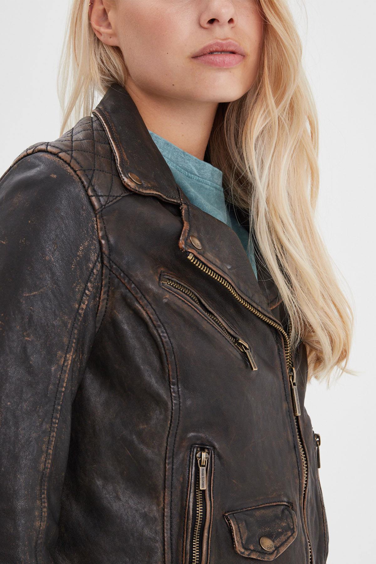 Rock-chic sheep leather jacket. finish, black and beige. - Image n°3
