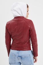 Red leather jacket with biker collar for women - Image n°7