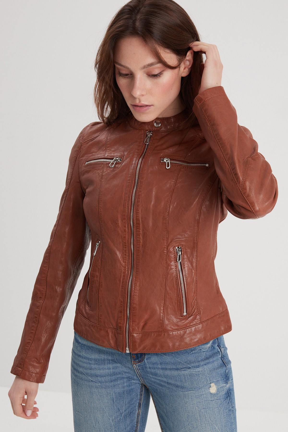 Cognac lambskin jacket: moto collar, silver zips, floral-lined. - Image n°1