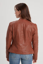 Cognac lambskin jacket: moto collar, silver zips, floral-lined. - Image n°4