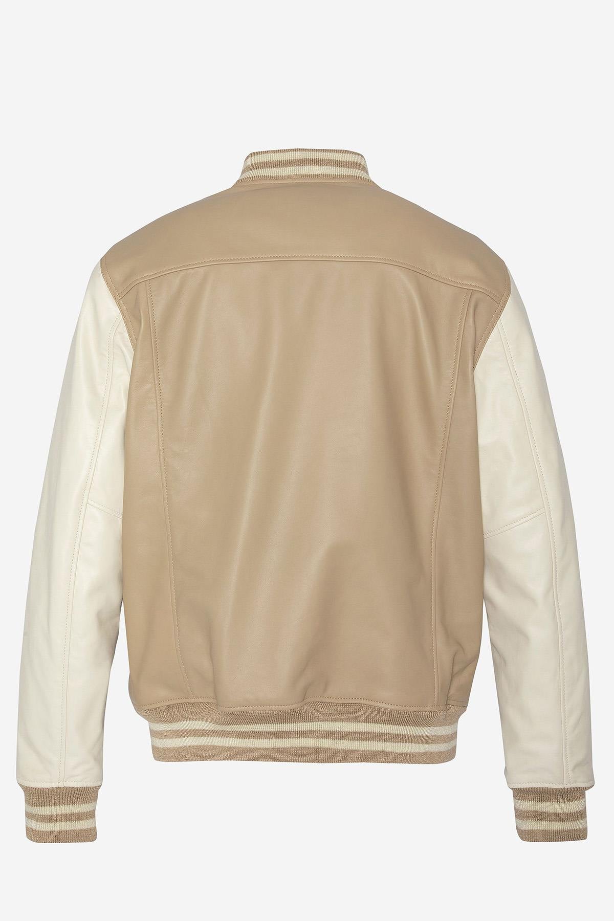 Schott's lambskin jacket: beige/off-white, snap closure, ribbed trims. - Image n°4