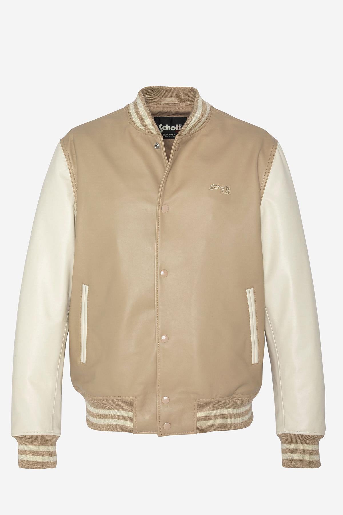 Schott's lambskin jacket: beige/off-white, snap closure, ribbed trims. - Image n°3
