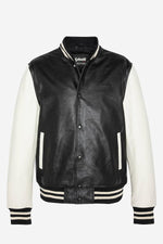 Schott's varsity-style lambskin jacket in black and off-white. - Image n°3