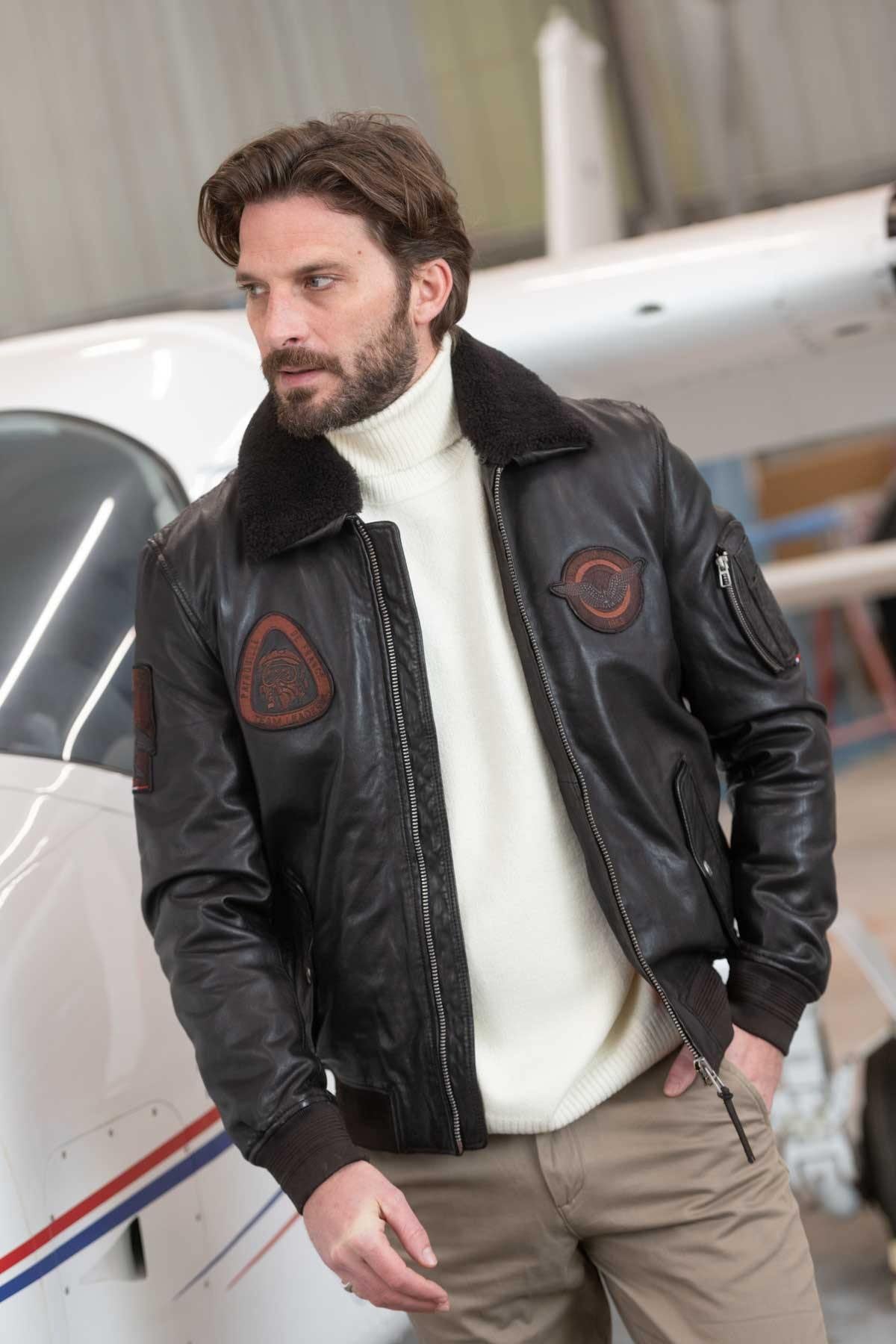 Dark brown sheepskin aviator jacket by Redskins, slim fit. - Image n°7