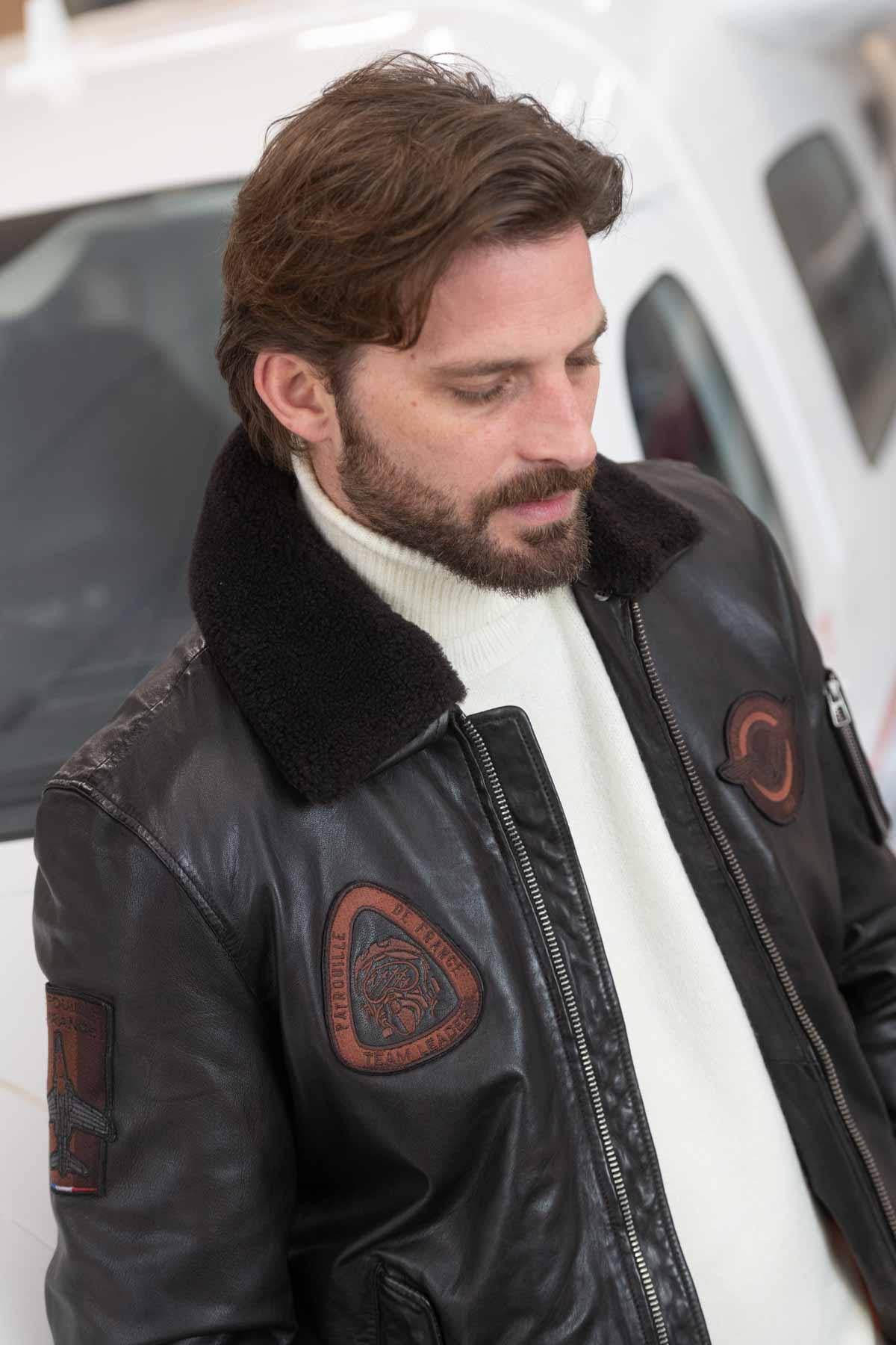 Dark brown sheepskin aviator jacket by Redskins, slim fit. - Image n°2