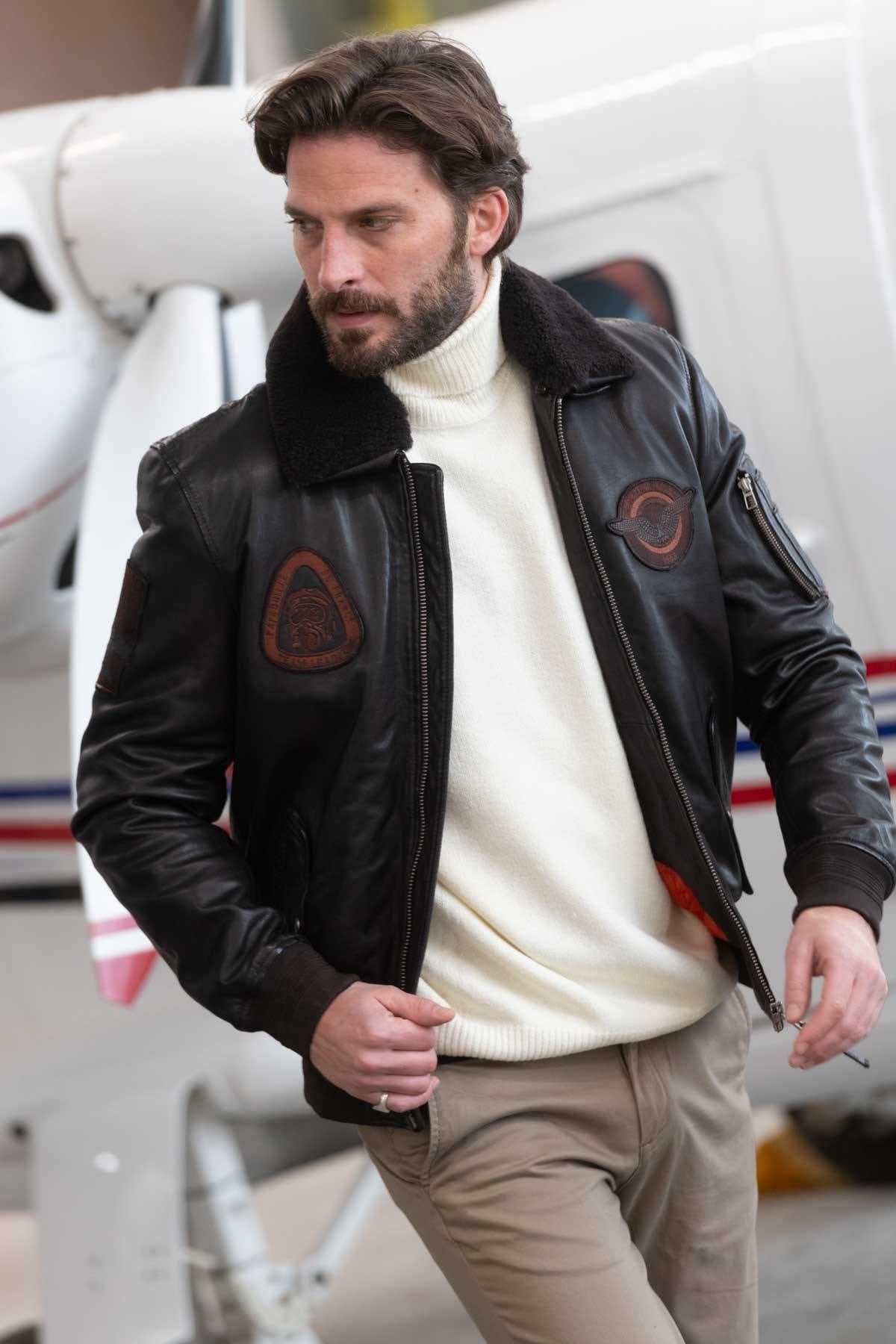 Dark brown sheepskin aviator jacket by Redskins, slim fit. - Image n°1
