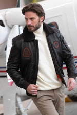 Dark brown sheepskin aviator jacket by Redskins, slim fit. - Image n°1