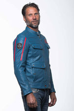 Ocean blue racing biker collar leather jacket - Image n°5