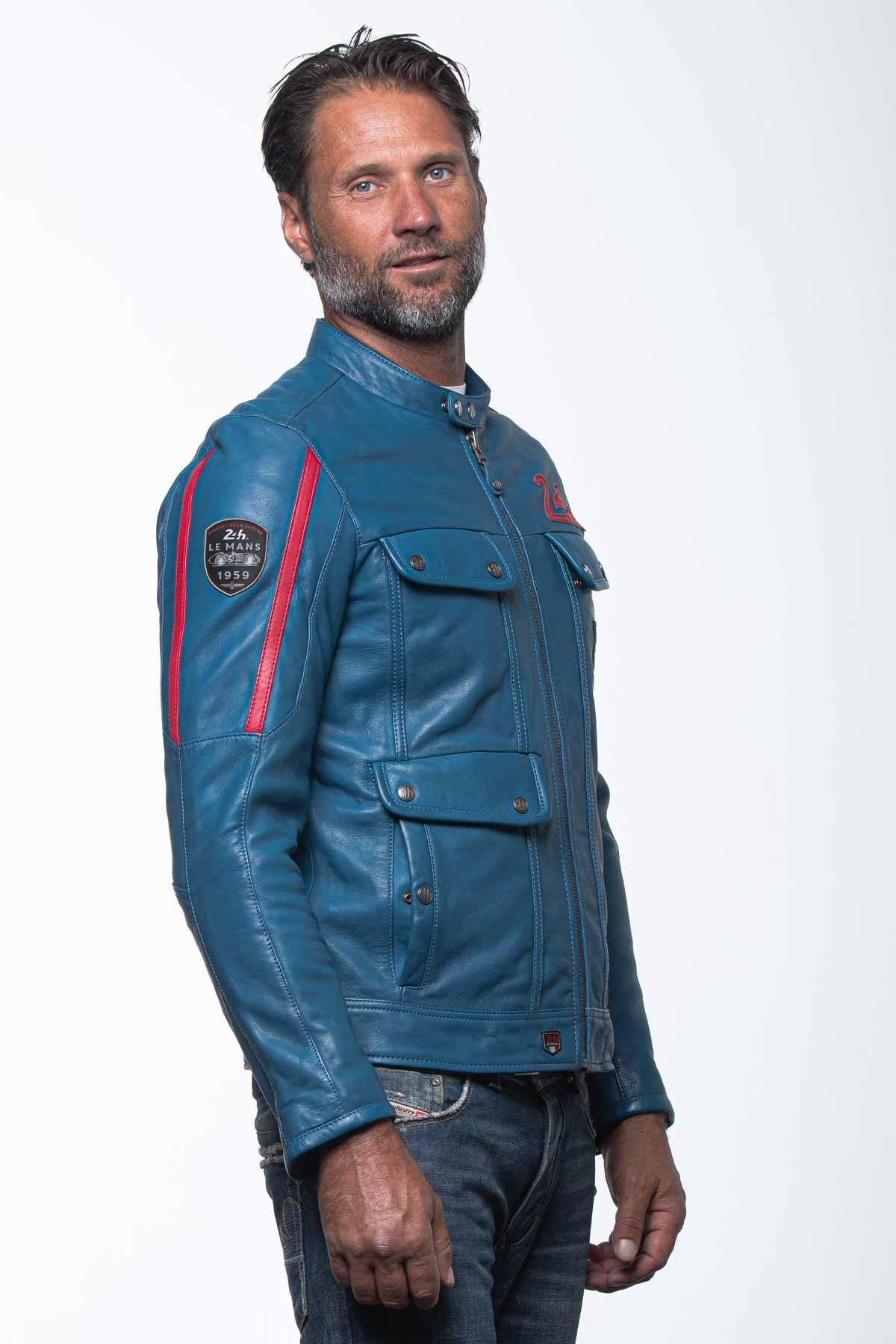 Ocean blue racing biker collar leather jacket - Image n°5