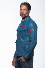Ocean blue racing biker collar leather jacket - Image n°4