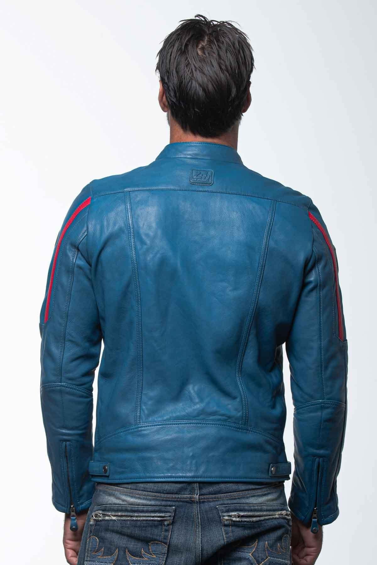 Ocean blue racing biker collar leather jacket - Image n°6