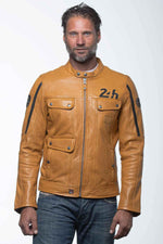 Yellow racing biker collar leather jacket - Image n°4