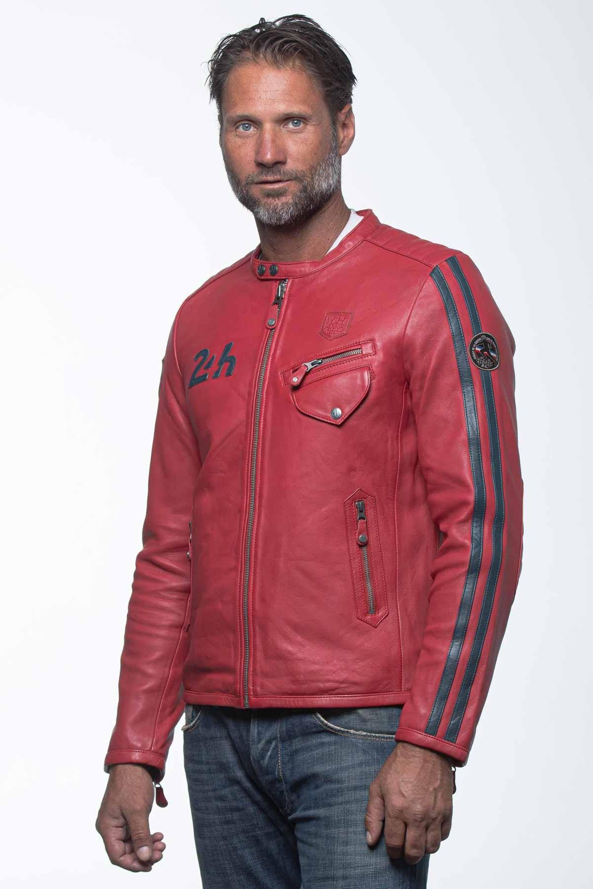 Racing Red lambskin jacket with Le Mans patches and a moto collar. - Image n°3