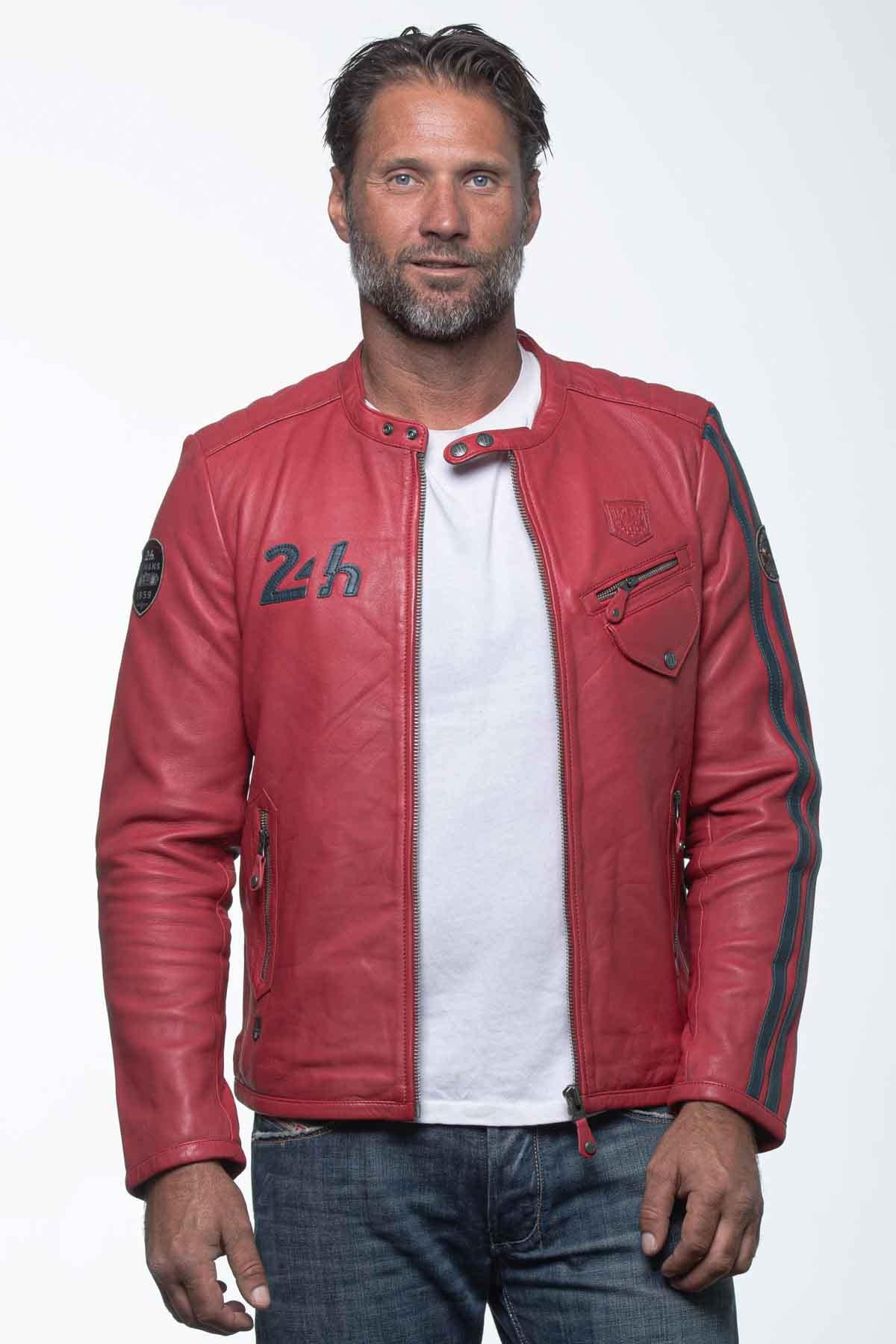 Racing Red lambskin jacket with Le Mans patches and a moto collar. - Image n°1