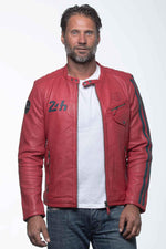 Racing Red lambskin jacket with Le Mans patches and a moto collar. - Image n°1
