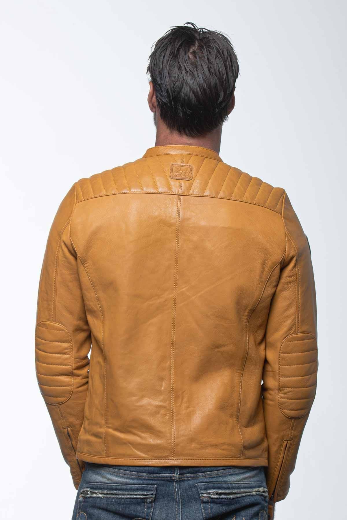 Yellow racing biker collar leather jacket - Image n°6