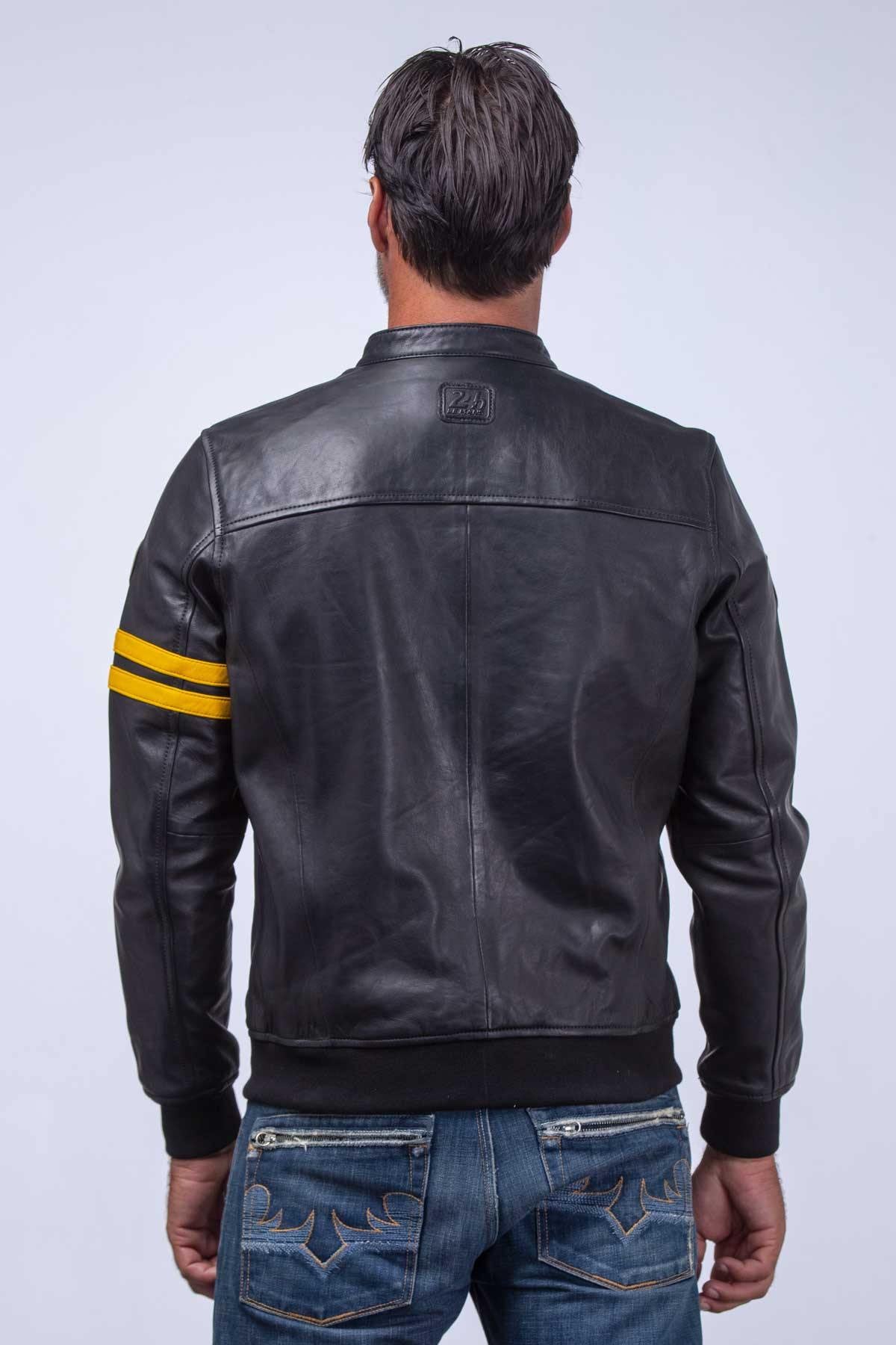 Black leather racing jacket with yellow details - Image n°4