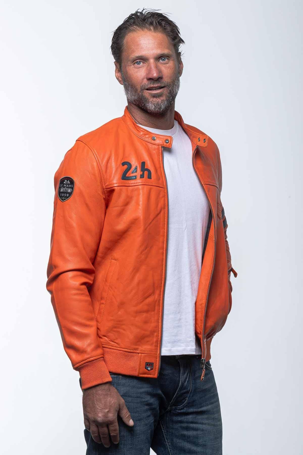 Orange leather racing jacket with blue details - Image n°5