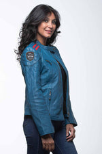 Ocean-blue lambsheep leather jacket, relaxed fit for women. - Image n°2