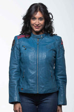 Ocean-blue lambsheep leather jacket, relaxed fit for women. - Image n°4
