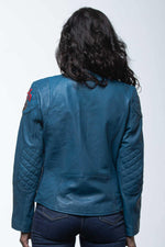 Ocean-blue lambsheep leather jacket, relaxed fit for women. - Image n°3