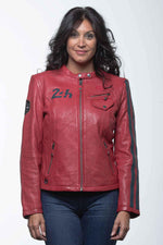 Red sheepskin biker jacket with 24h Le Mans patches-speed meets style. - Image n°2