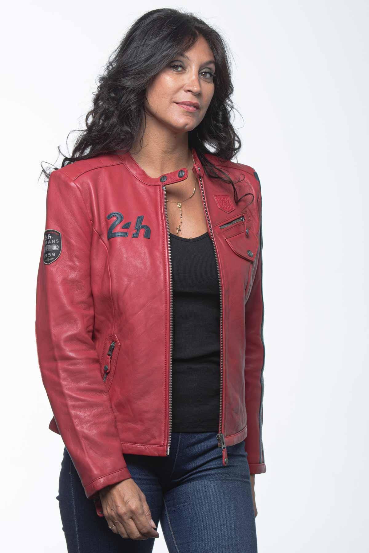 Red sheepskin biker jacket with 24h Le Mans patches-speed meets style. - Image n°5