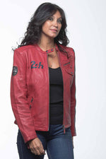 Red sheepskin biker jacket with 24h Le Mans patches-speed meets style. - Image n°5