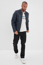 Men’s Navy Blue Leather Jacket with Biker Collar - Image n°11