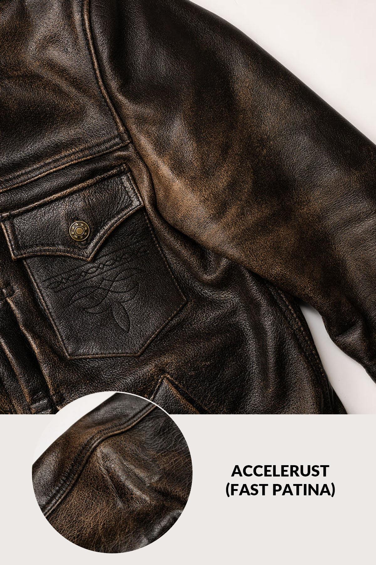 Buffalo leather trucker jacket with rapid patina for vintage charm. - Image n°4
