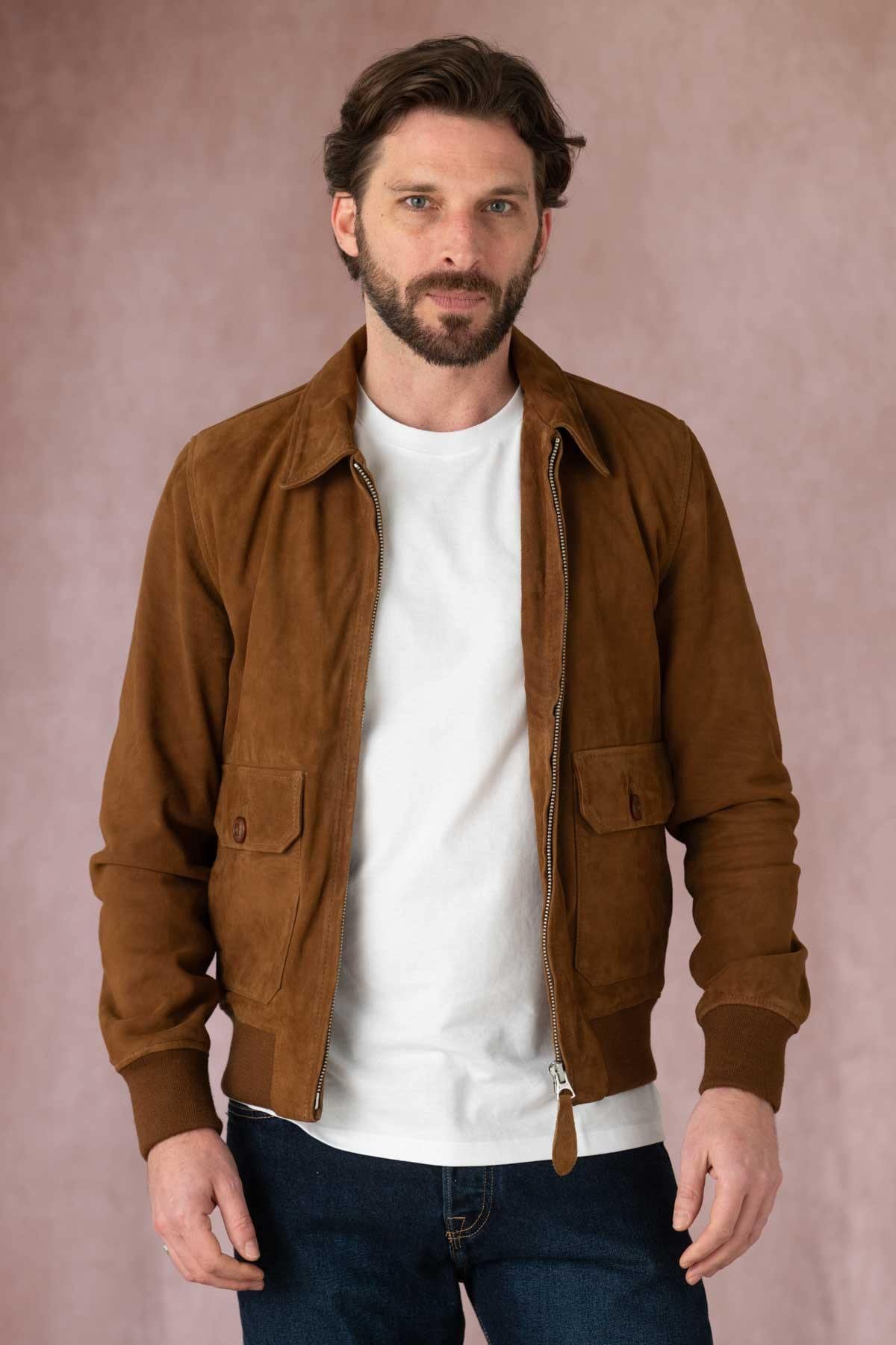 Rust-colored suede leather jacket - Image n°1