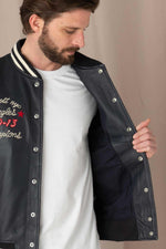 Varsity teddy in off-white and navy blue leather - Image n°11