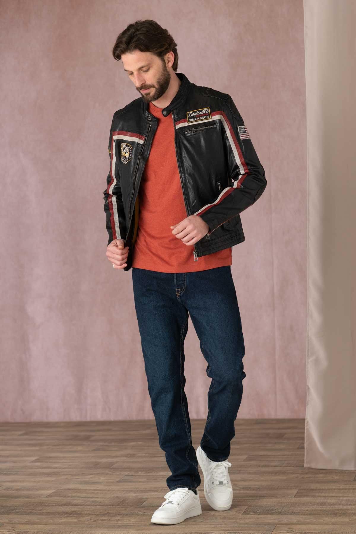 Supple lambskin biker jacket with bold red stripes. Road-ready. - Image n°2