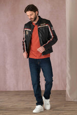 Supple lambskin biker jacket with bold red stripes. Road-ready. - Image n°2