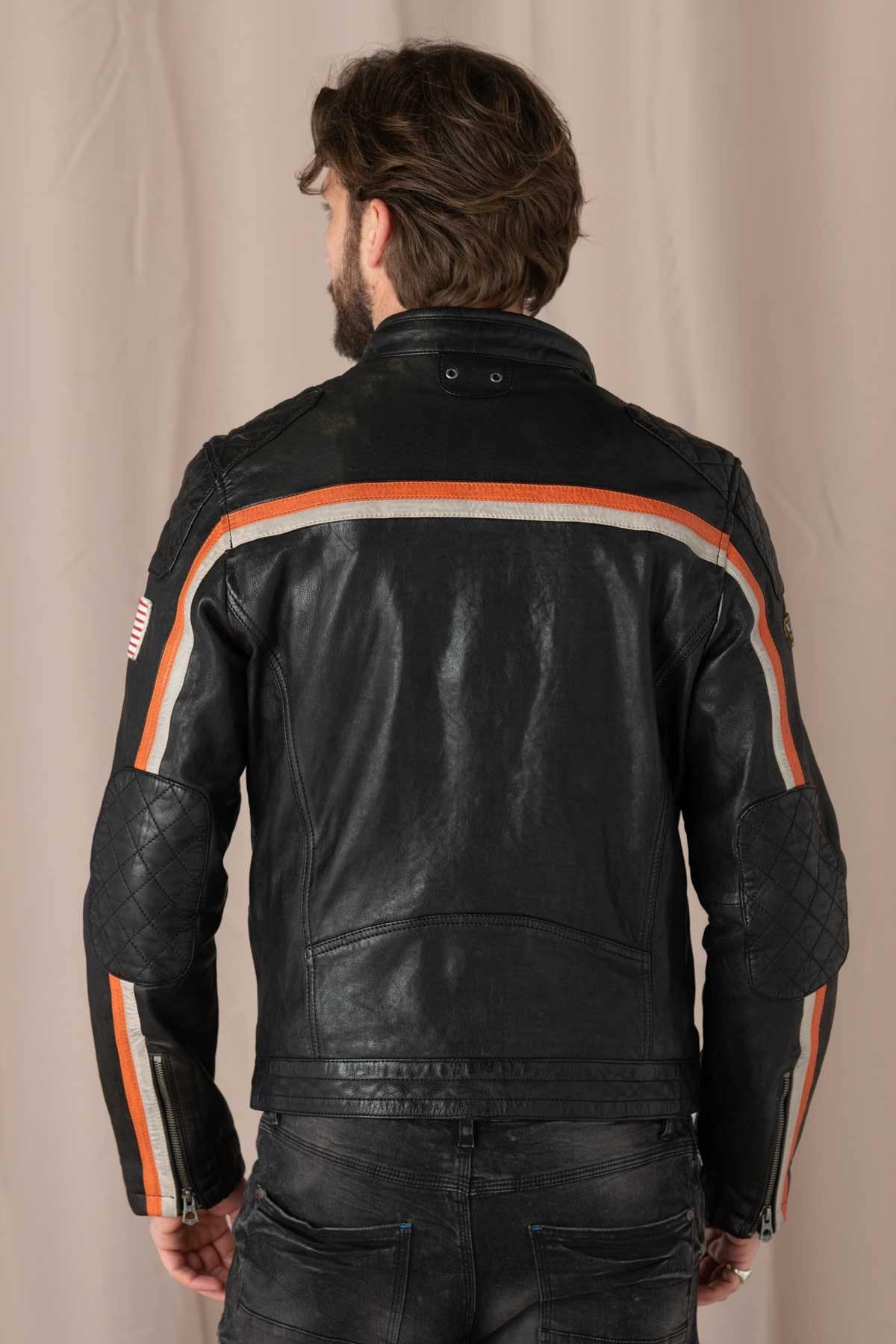Black lambskin biker jacket with orange accents, sleek and sporty. - Image n°5