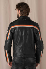 Black lambskin biker jacket with orange accents, sleek and sporty. - Image n°5
