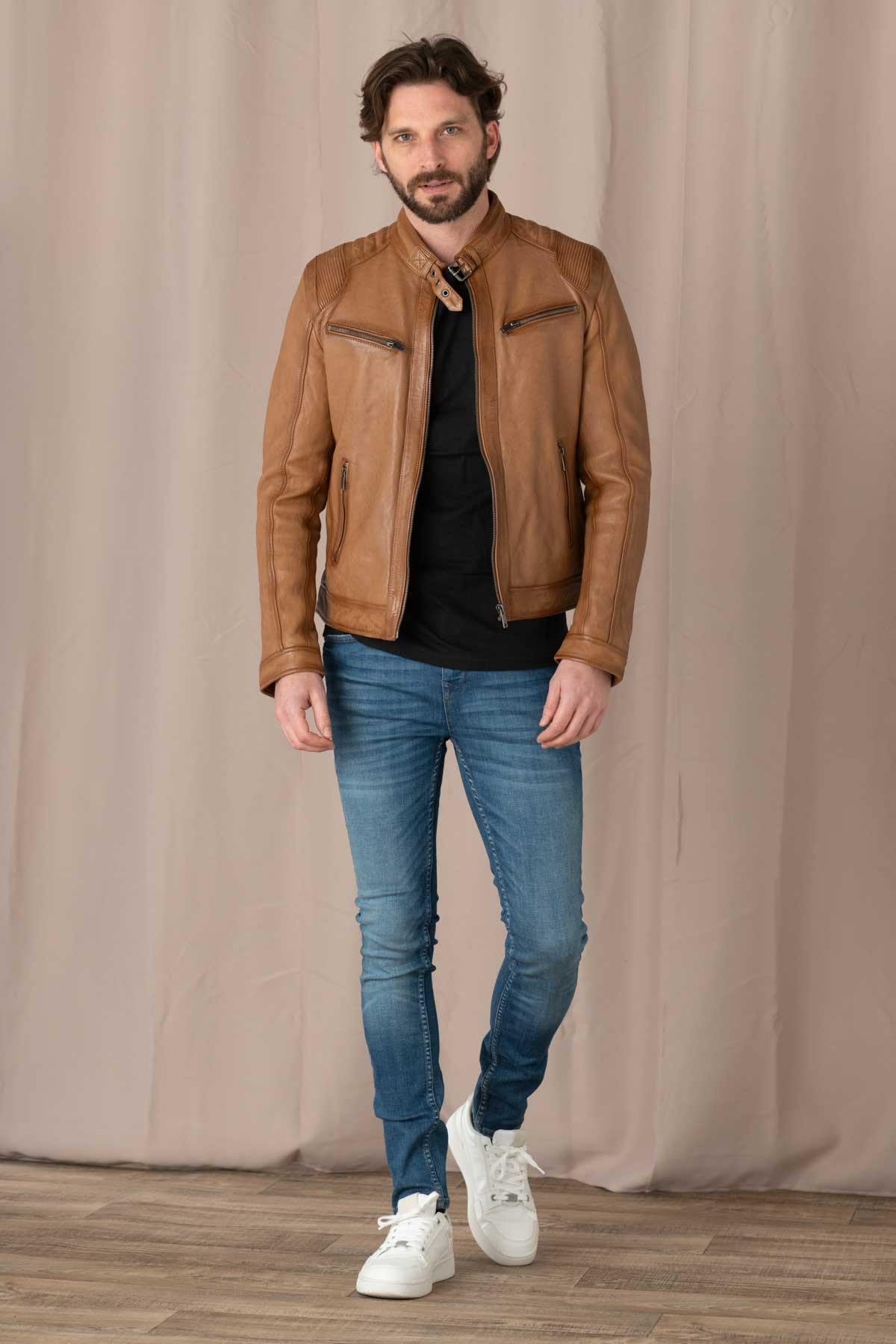 Timeless biker style in rich oxblood lambskin, textured for character. - Image n°2
