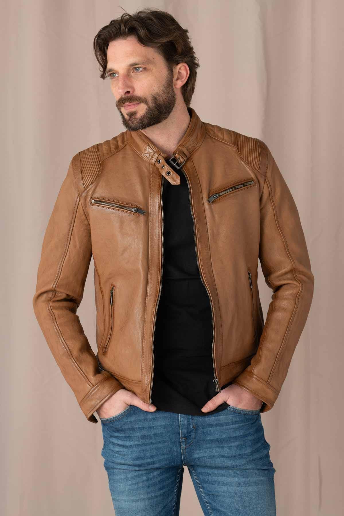 Timeless biker style in rich oxblood lambskin, textured for character. - Image n°1