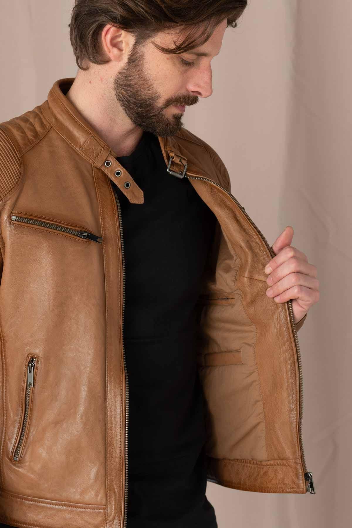 Timeless biker style in rich oxblood lambskin, textured for character. - Image n°6