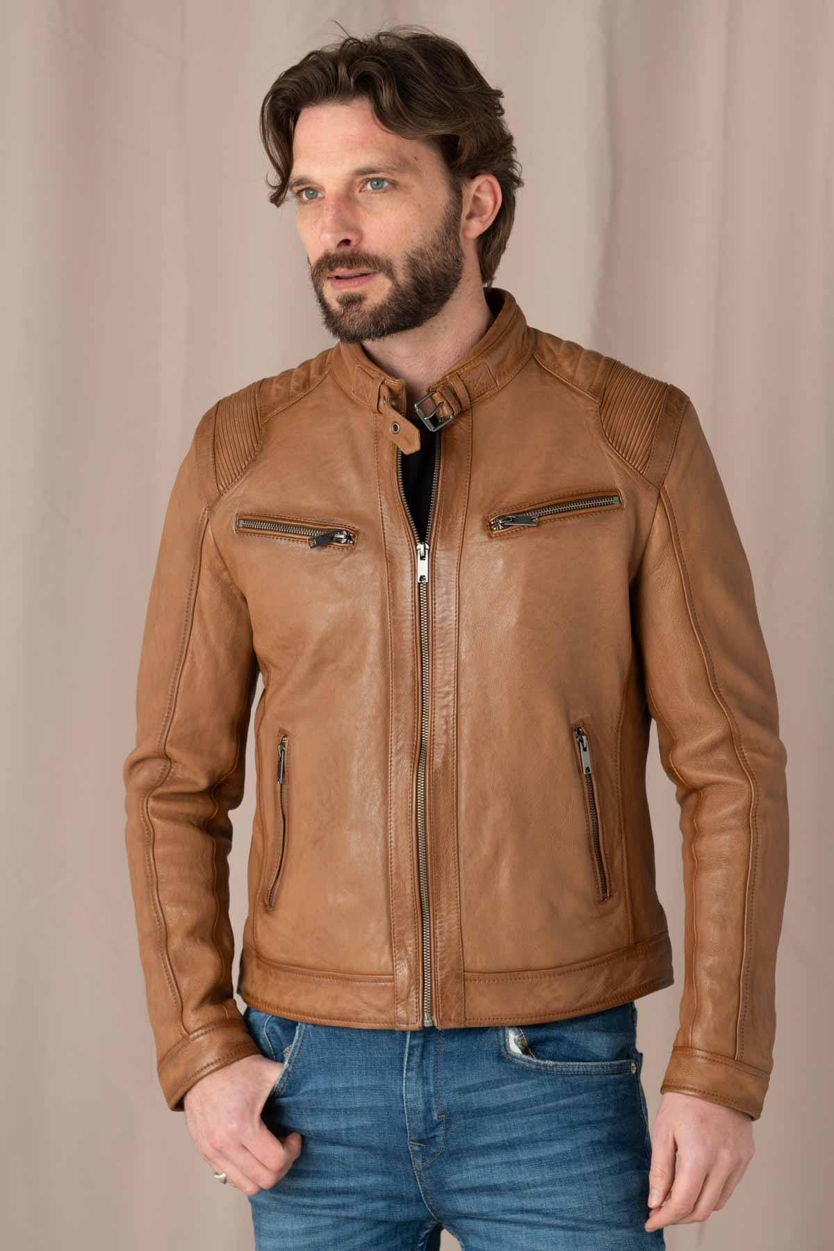 Timeless biker style in rich oxblood lambskin, textured for character. - Image n°4